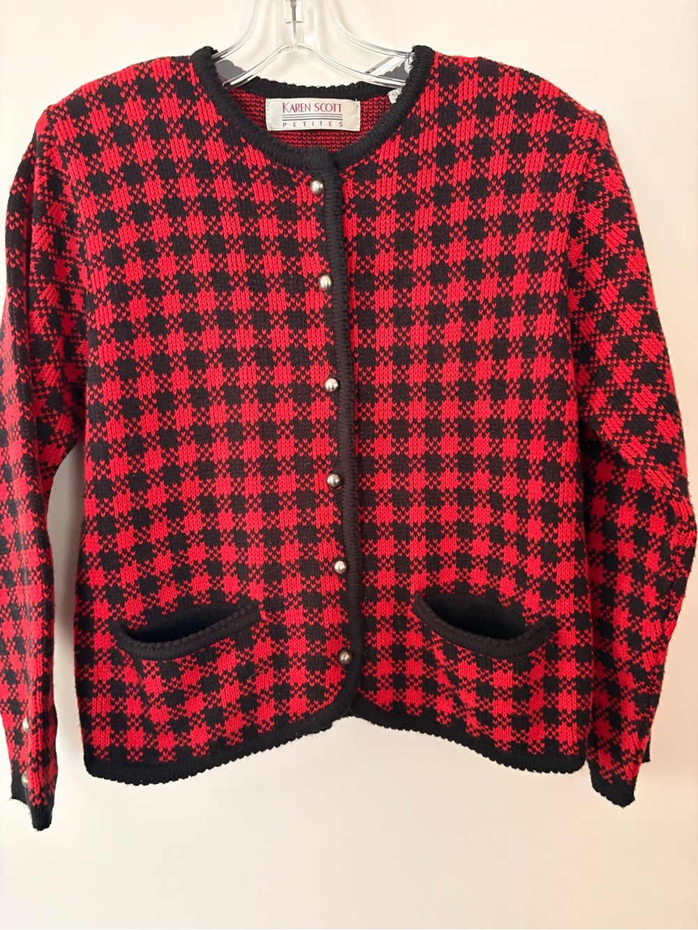 Red black houndstooth 80s cardigan shoulder pads Karen Scott petites large VTG